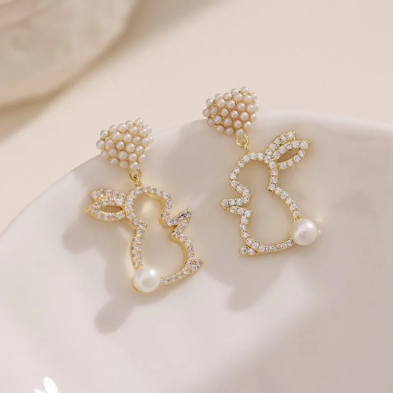 Charming Dangling Pearl Heart Rabbit Earrings