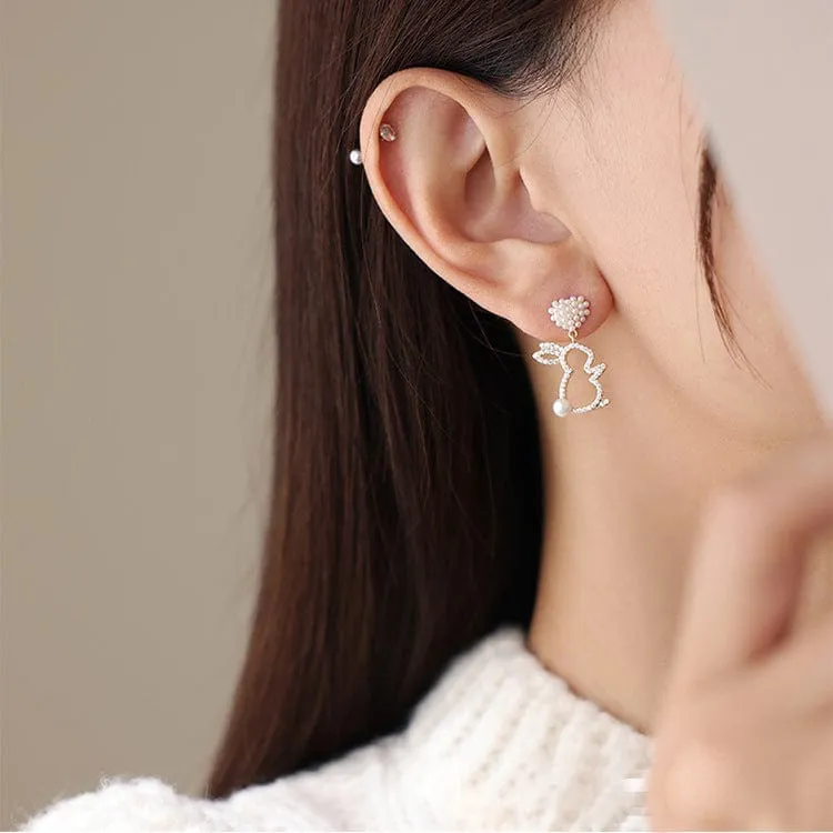 Charming Dangling Pearl Heart Rabbit Earrings