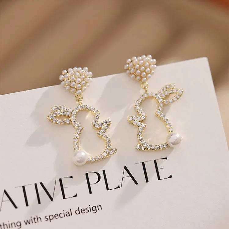 Charming Dangling Pearl Heart Rabbit Earrings