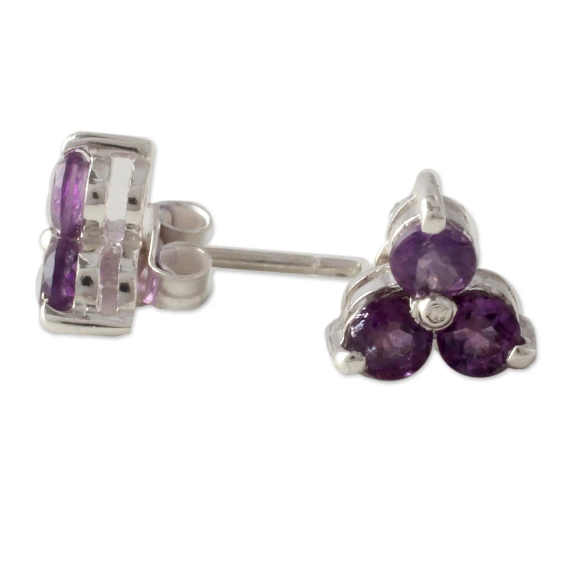 Charming Trio Silver and Amethyst Button Earrings