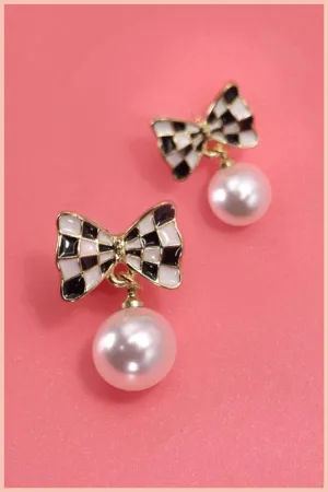 Checker Bow Pearl Drop Earrings