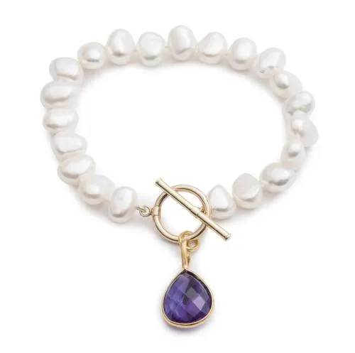 Clara white irregular cultured freshwater pearl bracelet with an amethyst drop pendant