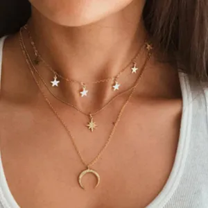 Creative Retro Simple Eight-Pointed Star Crescent Five-Pointed Star Pendant Three-Layer Necklace