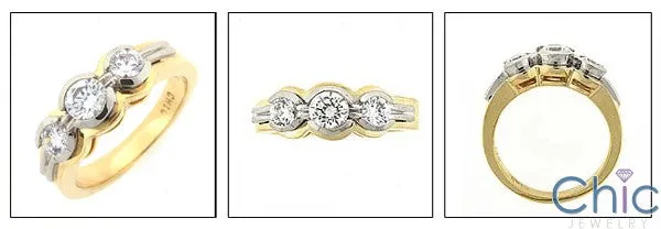 Cubic Zirconia 3 Stone Round Half Bezel Two Tone Gold Cz Ring