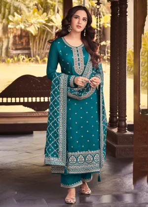 Dola Silk Charming Turquoise Embroidered Festive Salwar Suit