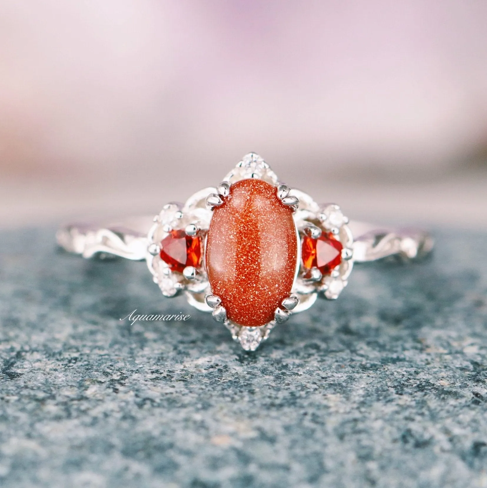 Esme Red Sandstone & Orange Sapphire Ring- 925 Sterling Silver