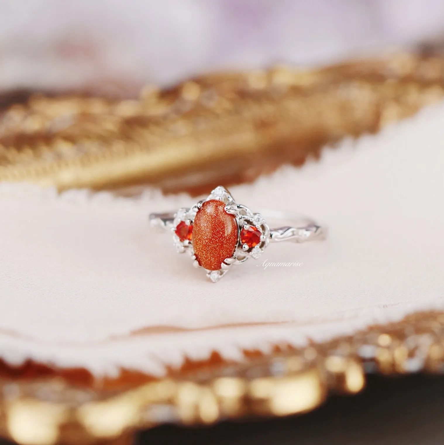 Esme Red Sandstone & Orange Sapphire Ring- 925 Sterling Silver