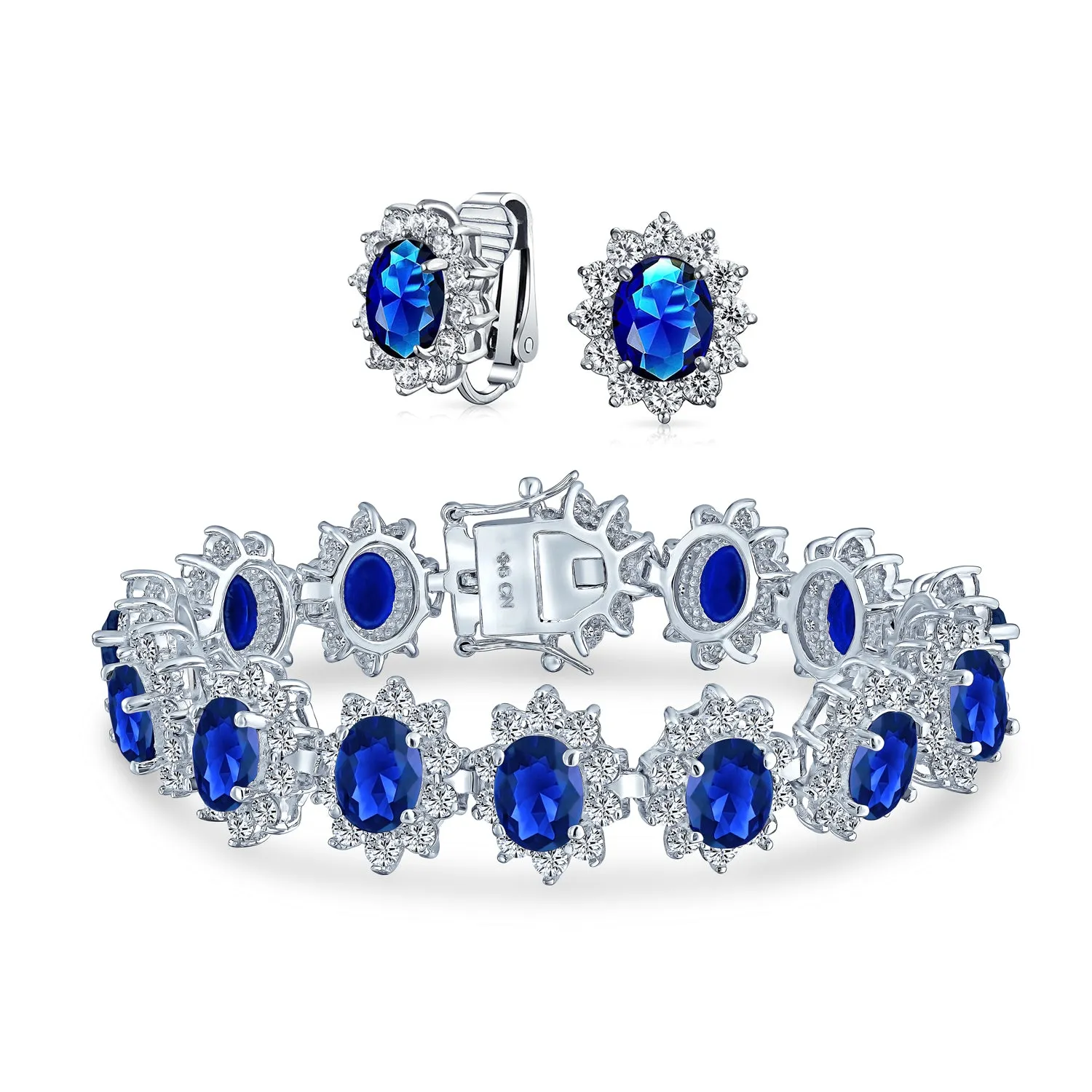 Estate Jewelry Vintage Style CZ Sapphire Ruby Statement Bracelet & Earrings Set