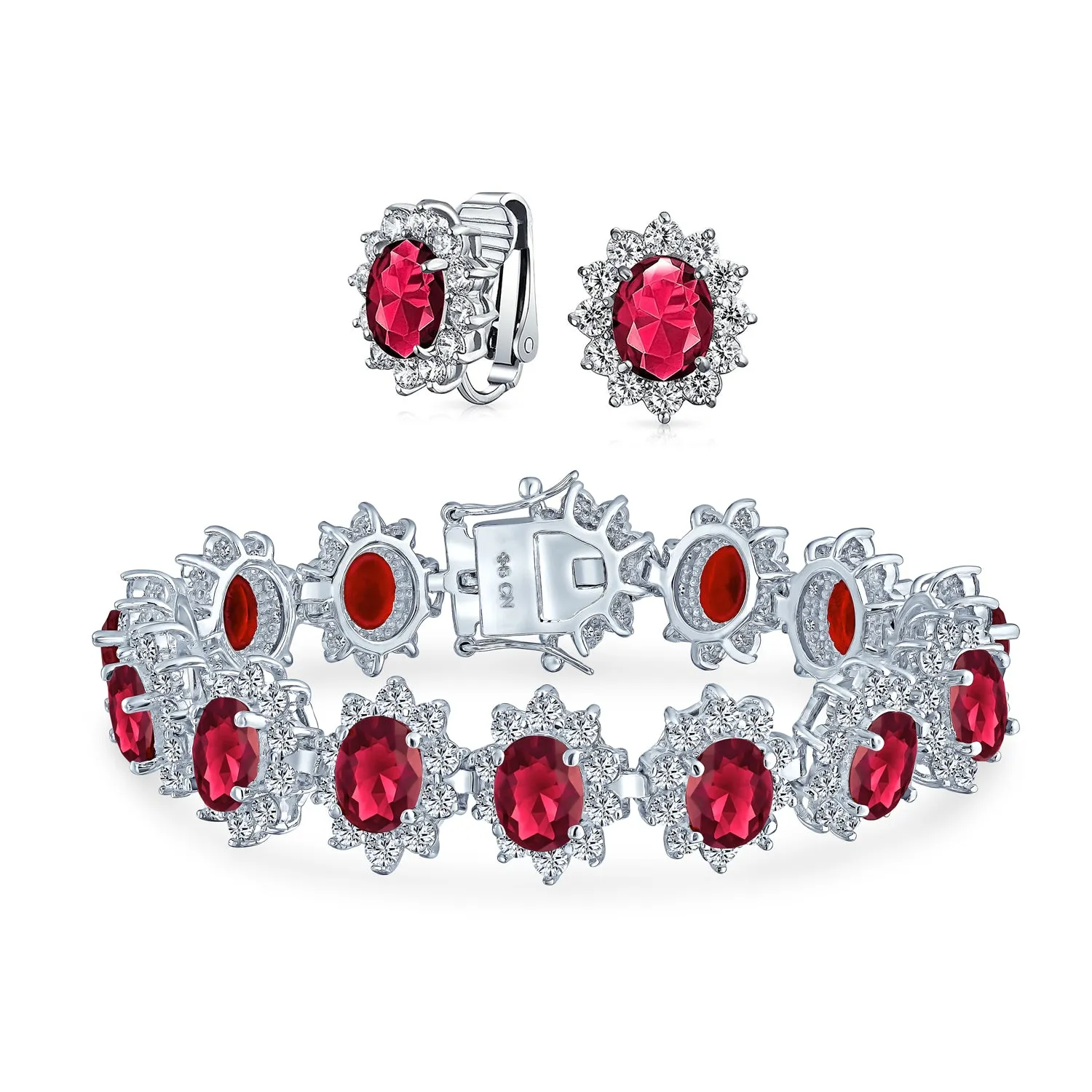 Estate Jewelry Vintage Style CZ Sapphire Ruby Statement Bracelet & Earrings Set