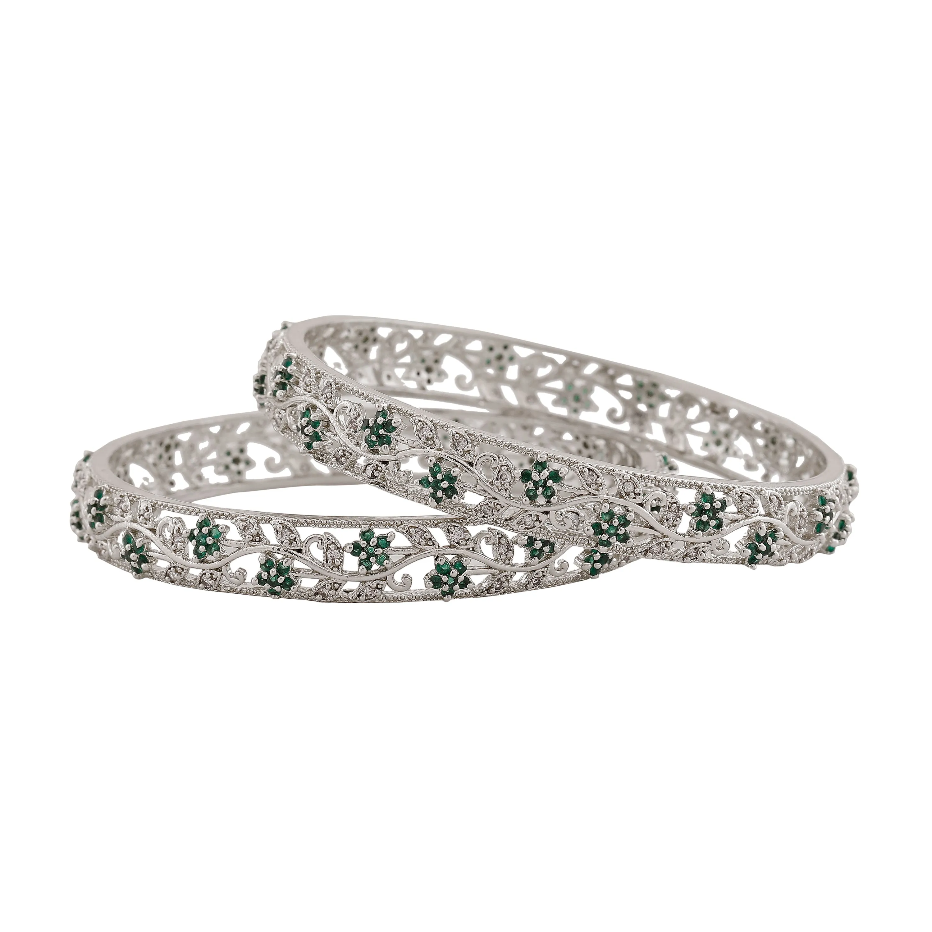 Estele Rhodium Plated Charming Floral Traditional 2:6 Size Bangles with Green American Diamonds |Classic & Feminine Appeal for Women