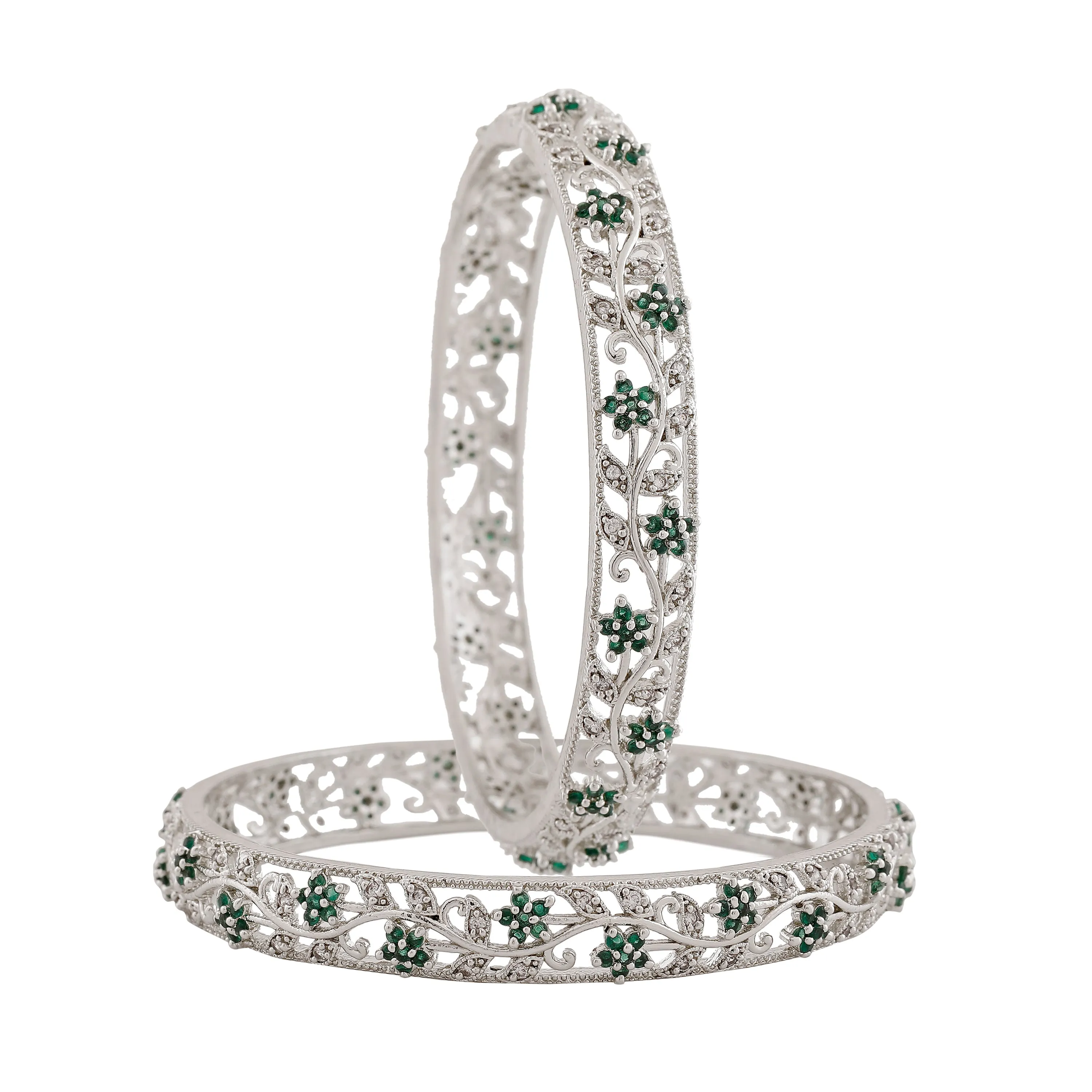 Estele Rhodium Plated Charming Floral Traditional 2:6 Size Bangles with Green American Diamonds |Classic & Feminine Appeal for Women