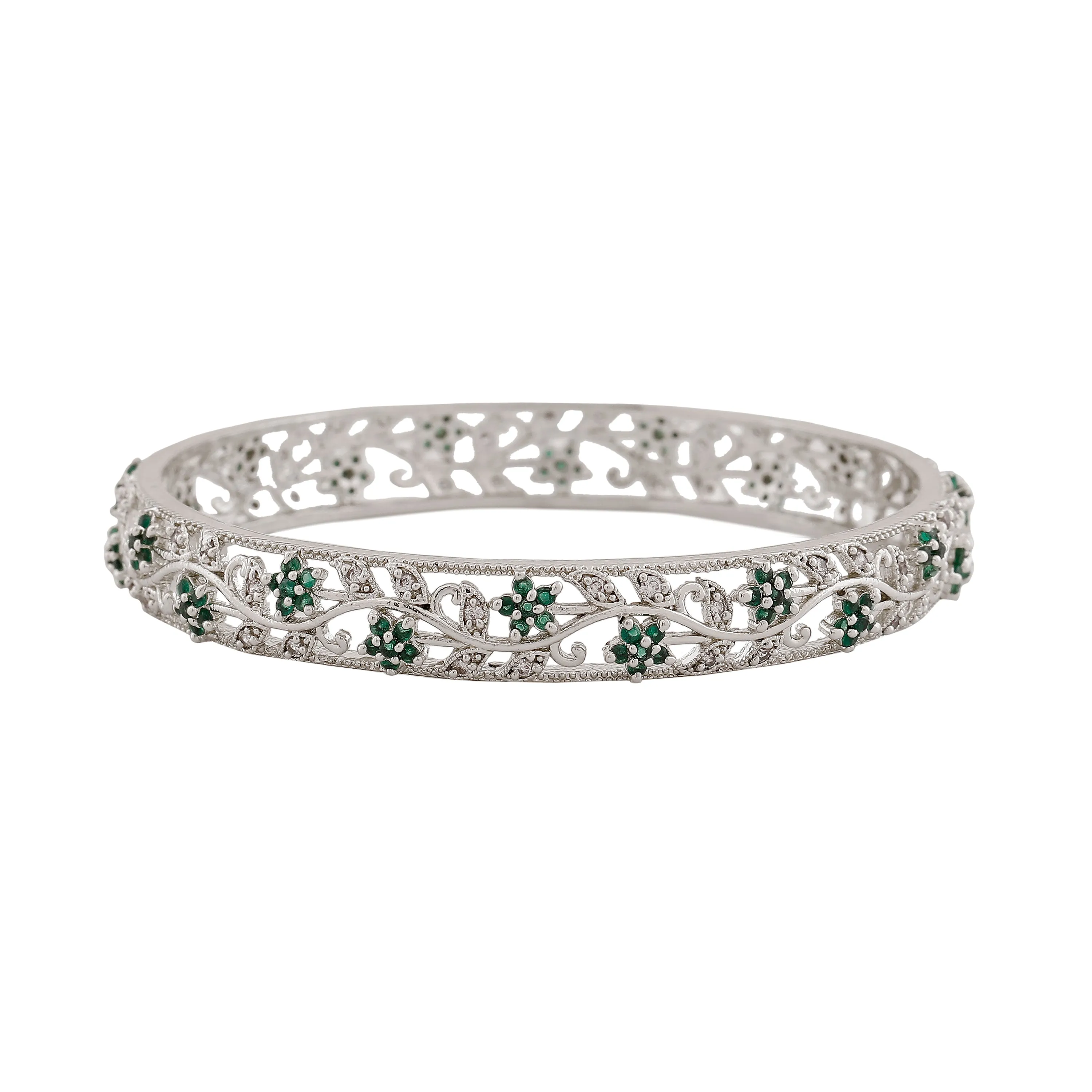 Estele Rhodium Plated Charming Floral Traditional 2:6 Size Bangles with Green American Diamonds |Classic & Feminine Appeal for Women