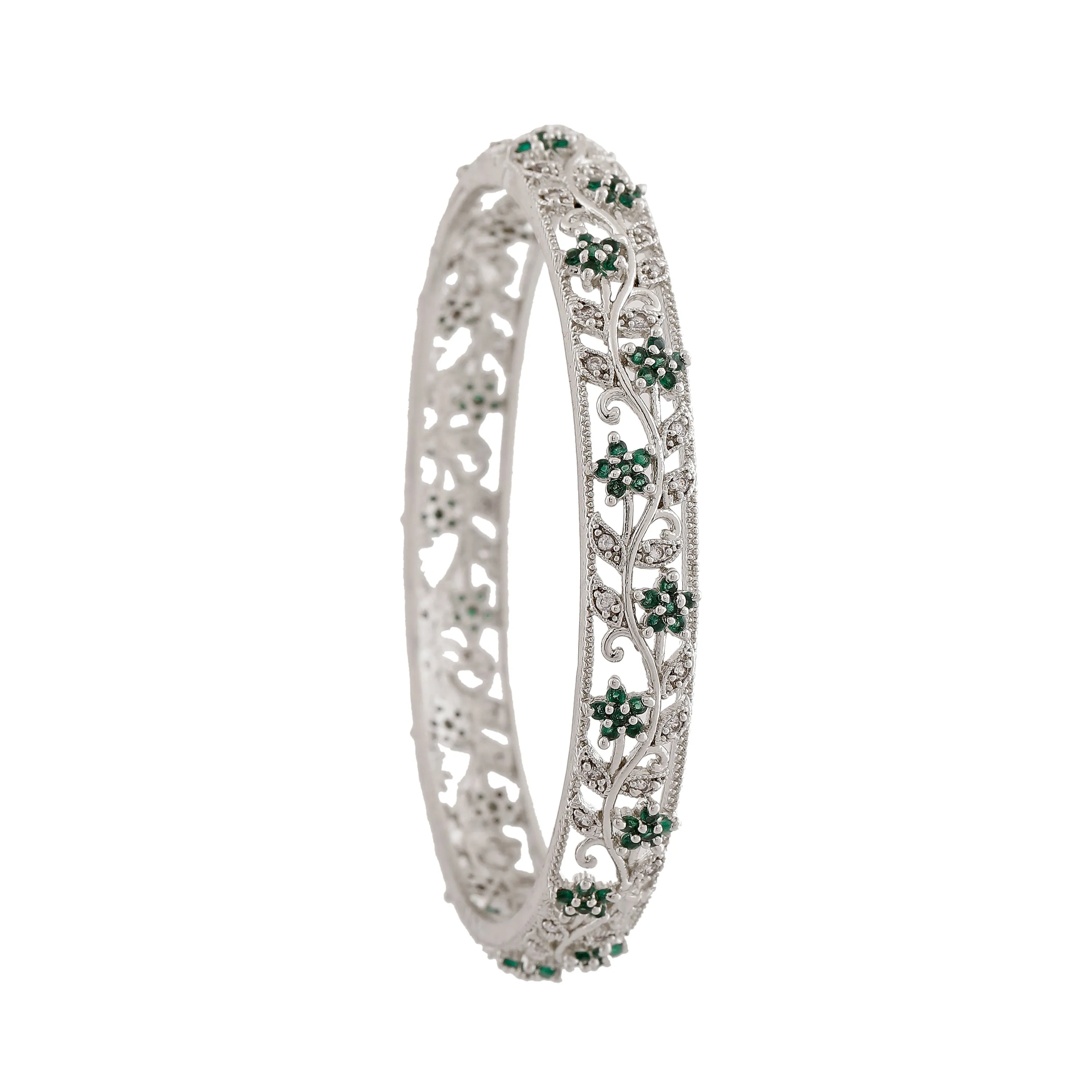 Estele Rhodium Plated Charming Floral Traditional 2:6 Size Bangles with Green American Diamonds |Classic & Feminine Appeal for Women