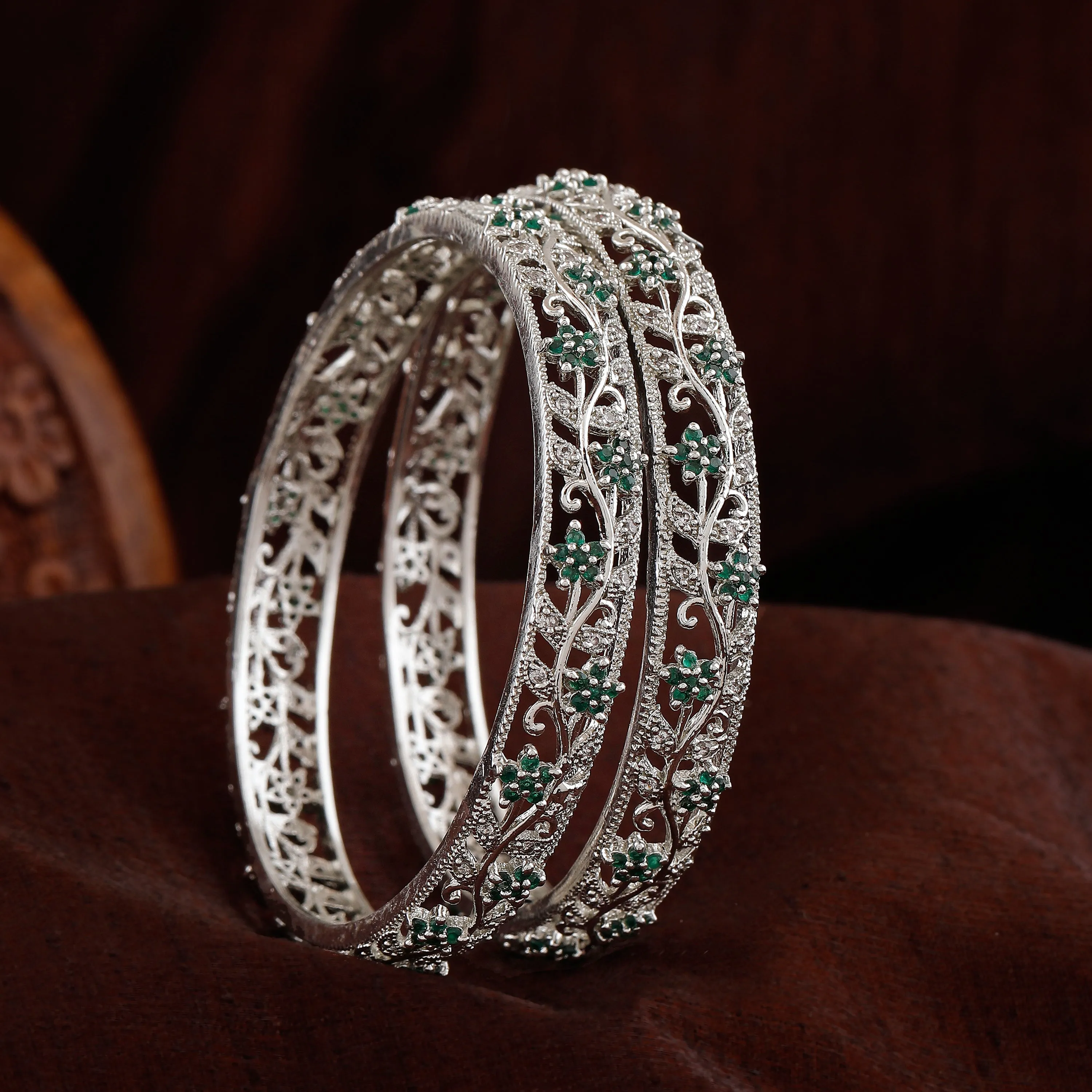 Estele Rhodium Plated Charming Floral Traditional 2:6 Size Bangles with Green American Diamonds |Classic & Feminine Appeal for Women