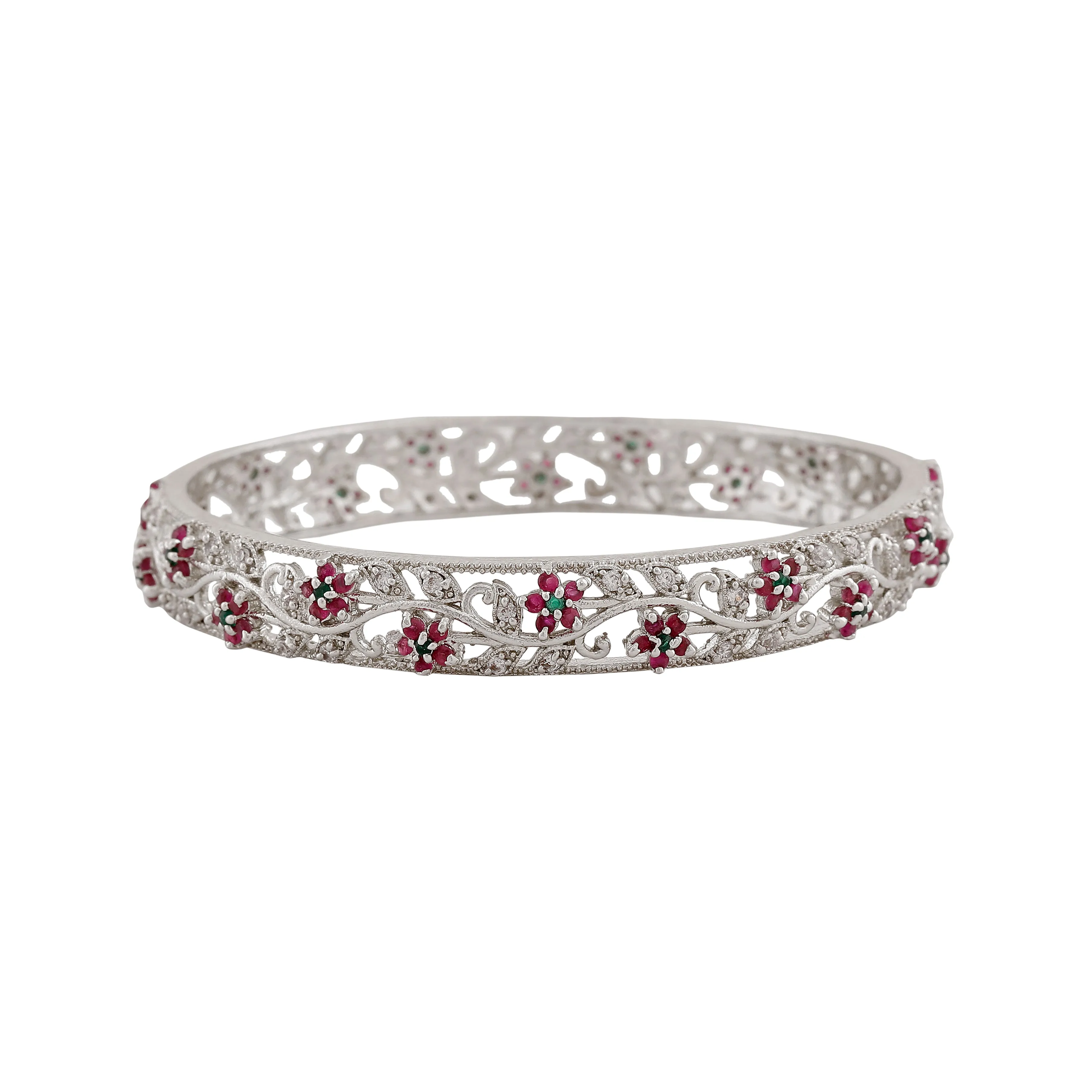 Estele Rhodium Plated Classic Floral Designer 2:6 Size Bangles with Ruby American Diamonds |Classic & Feminine Appeal for Women