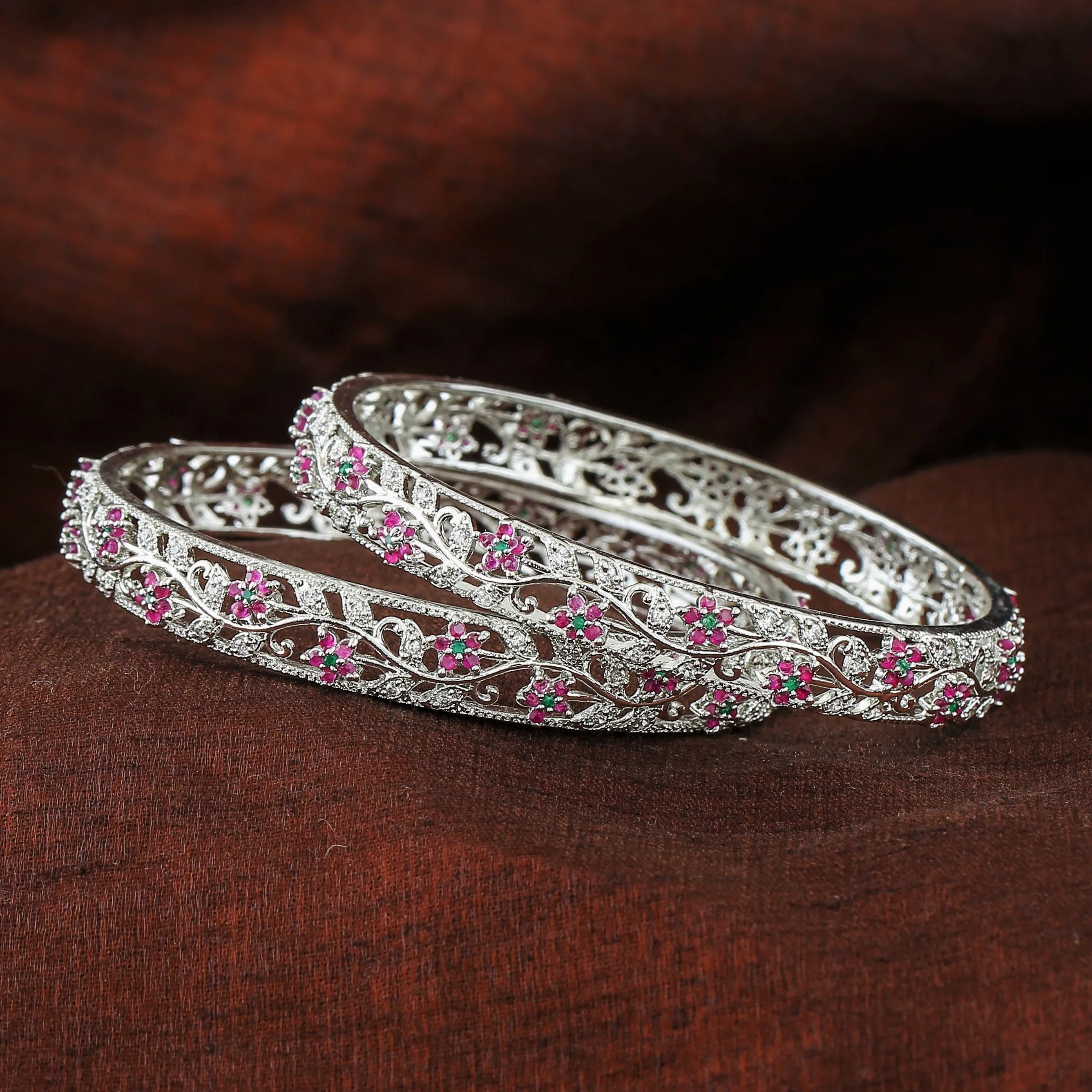 Estele Rhodium Plated Classic Floral Designer 2:6 Size Bangles with Ruby American Diamonds |Classic & Feminine Appeal for Women