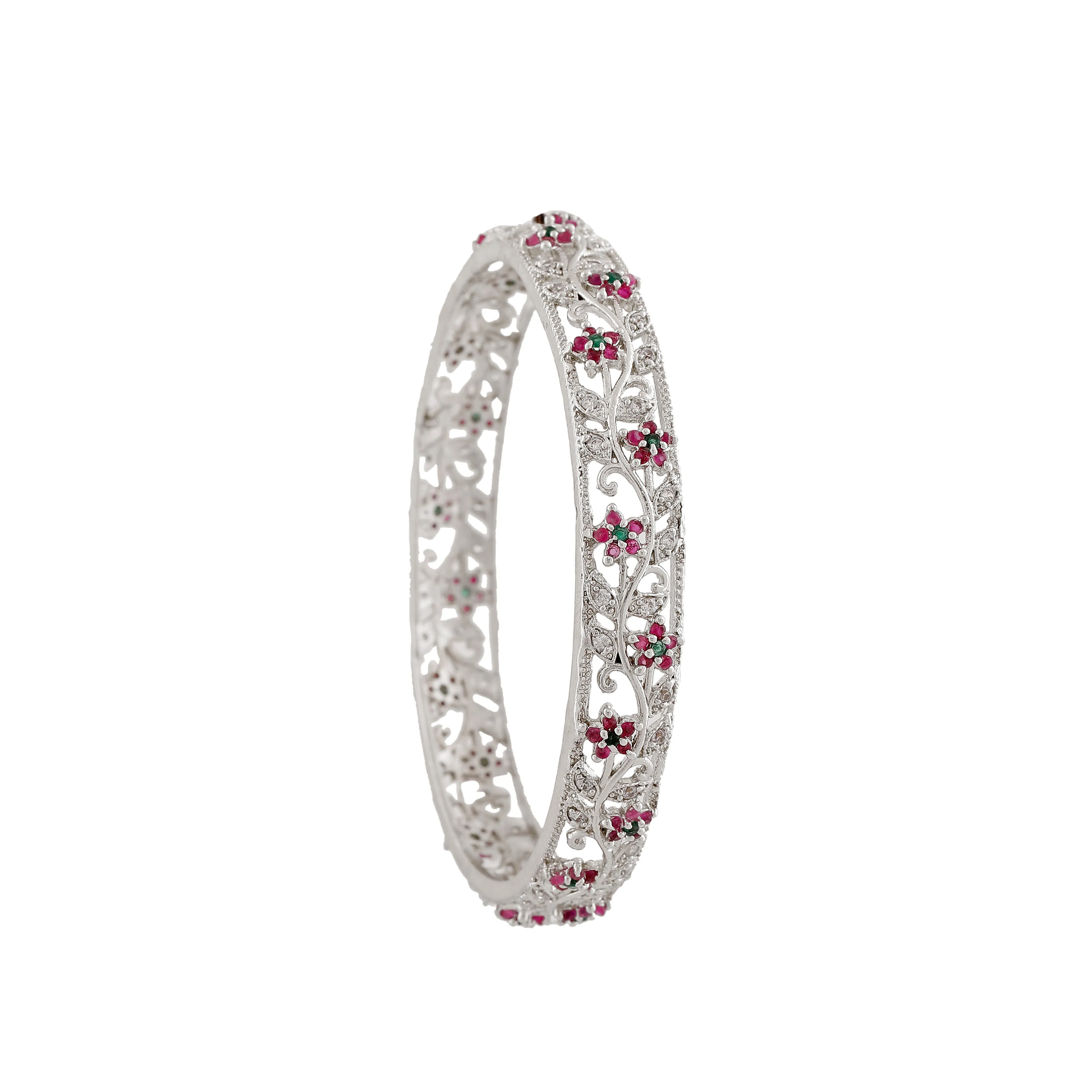 Estele Rhodium Plated Classic Floral Designer 2:6 Size Bangles with Ruby American Diamonds |Classic & Feminine Appeal for Women