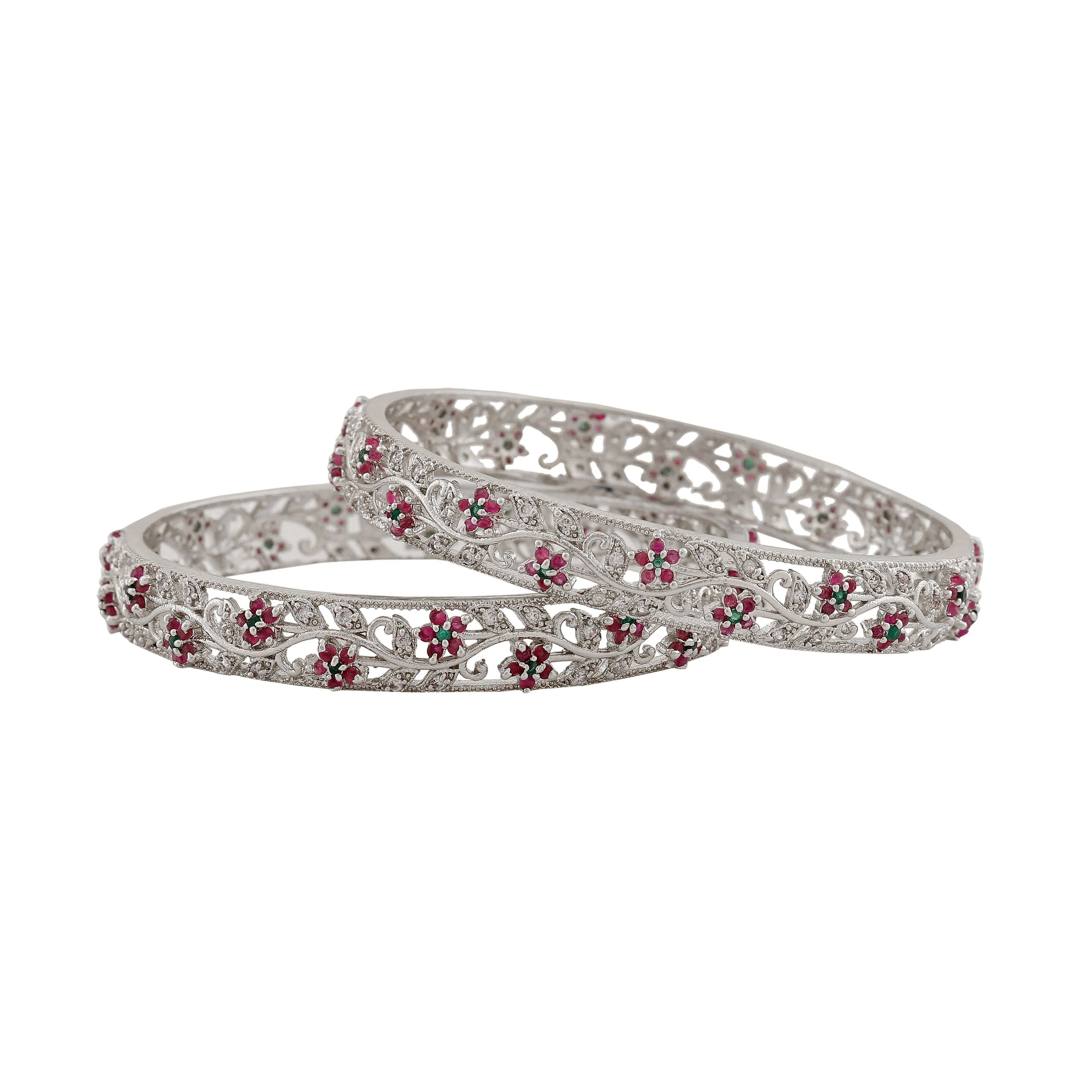 Estele Rhodium Plated Classic Floral Designer 2:6 Size Bangles with Ruby American Diamonds |Classic & Feminine Appeal for Women