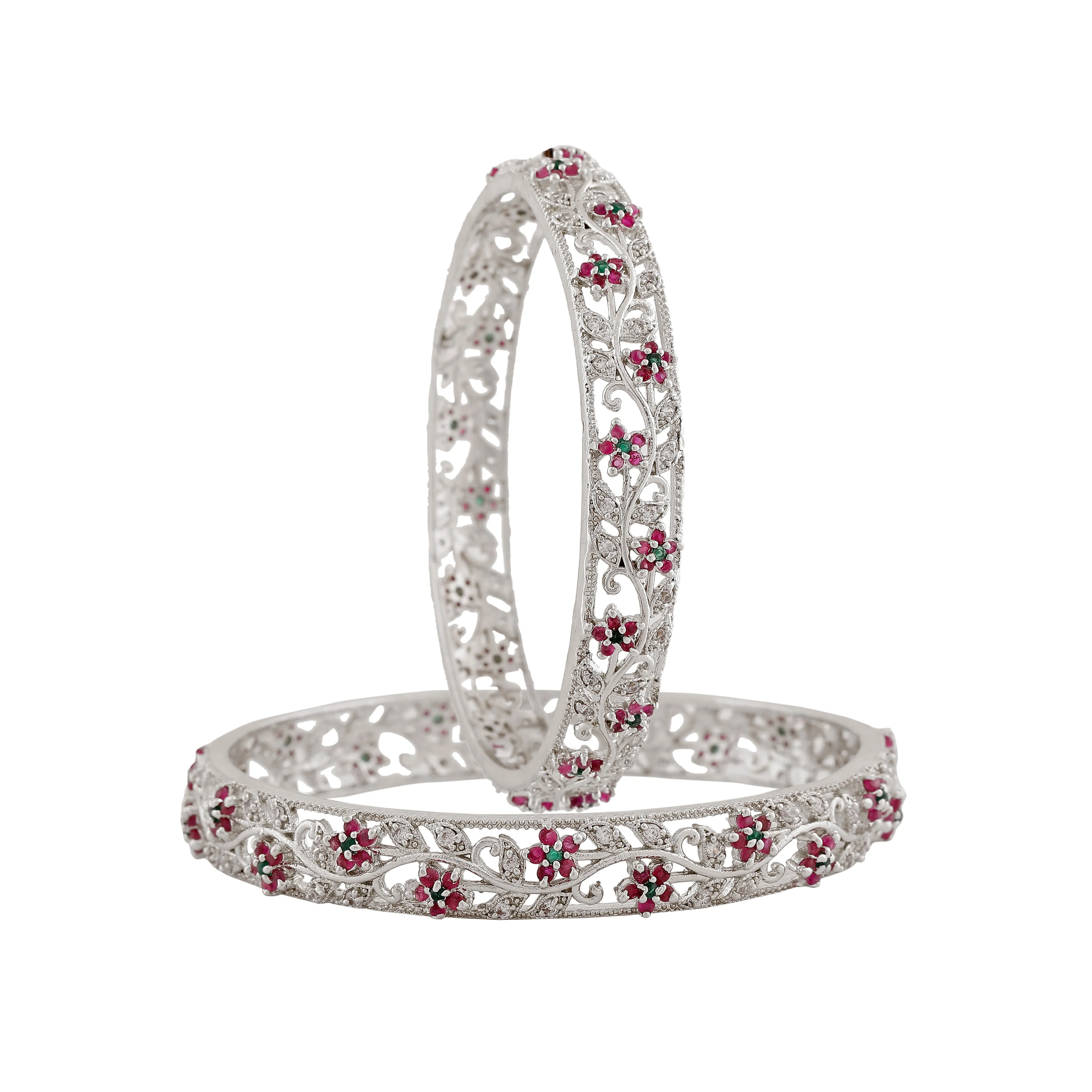 Estele Rhodium Plated Classic Floral Designer 2:6 Size Bangles with Ruby American Diamonds |Classic & Feminine Appeal for Women