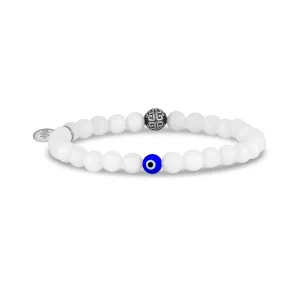 Evil Eye 6mm White Jade Bead Bracelet