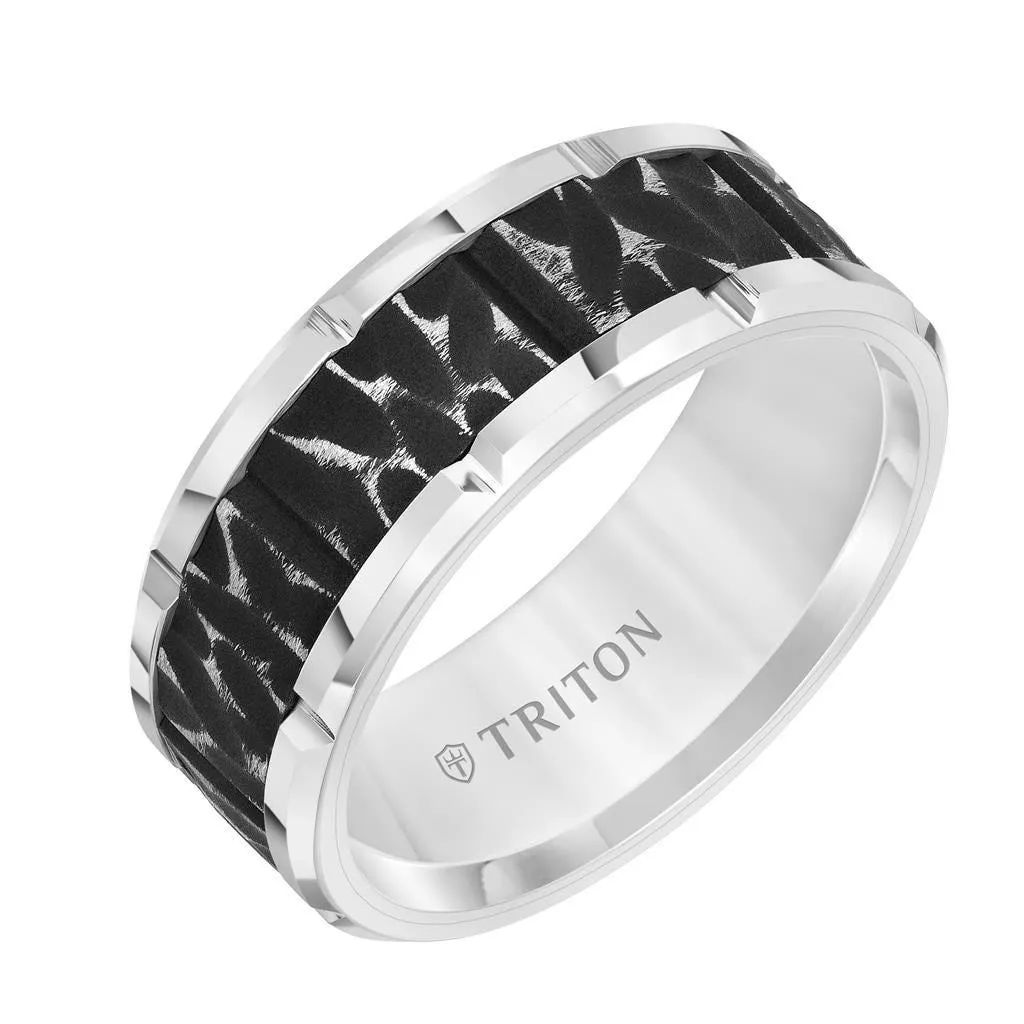 FABBRO White Tungsten Carbide Two-Tone Sandblasted Textured Ring with Polished Cut Edges by Triton Rings - 9mm