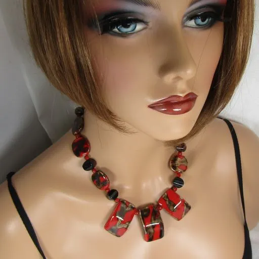 Fair Trade Kazuri Bead Necklace in Red, Brown & Black