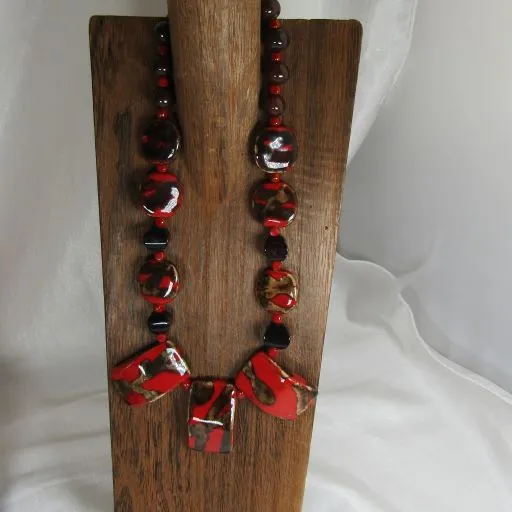 Fair Trade Kazuri Bead Necklace in Red, Brown & Black