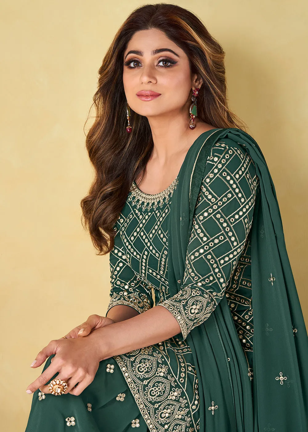 Foil Mirror Glamorous Teal Green Festive Wear Palazzo Suit