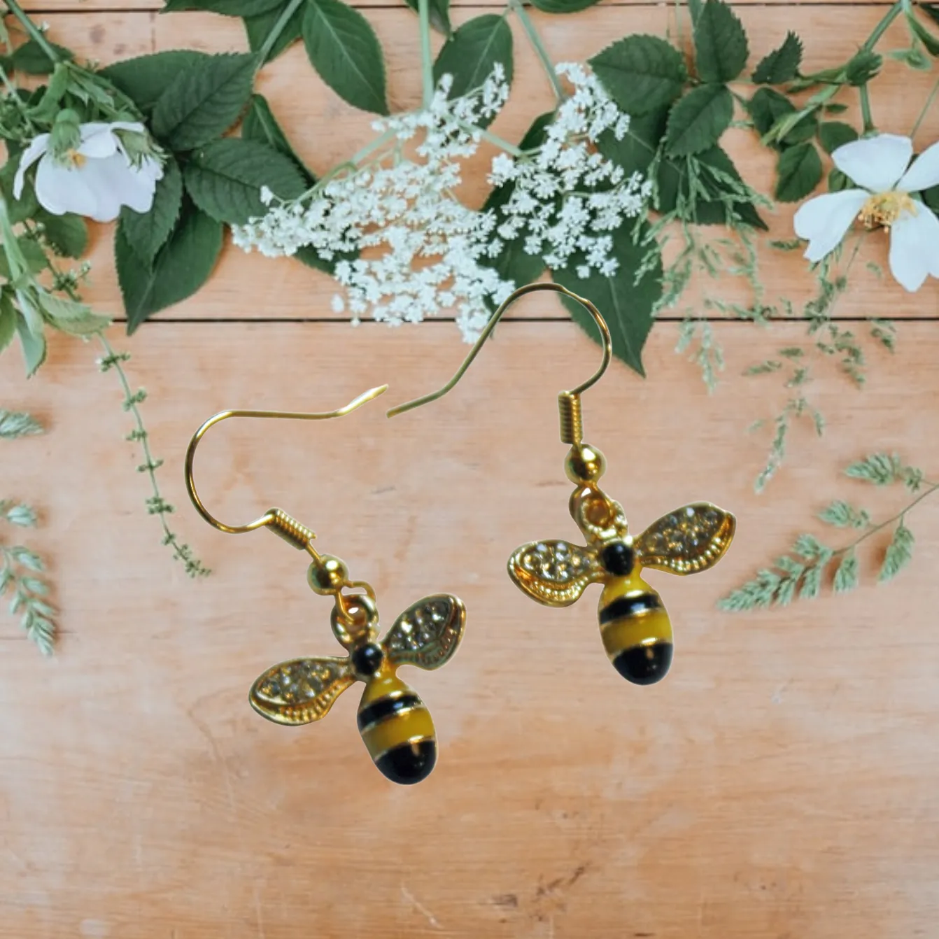 Gold Bumble Bee Earrings with Crystal Wings | A Sweet and Charming Way to Add a Touch of Nature to Your Outfit