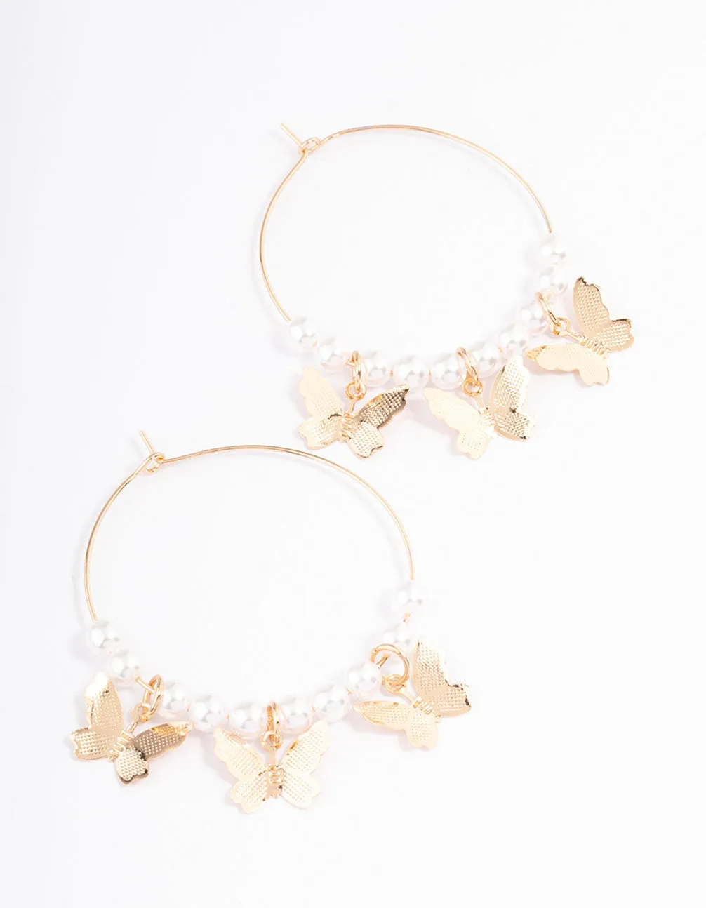 Gold Pearl & Butterfly Wire Hoop Earrings