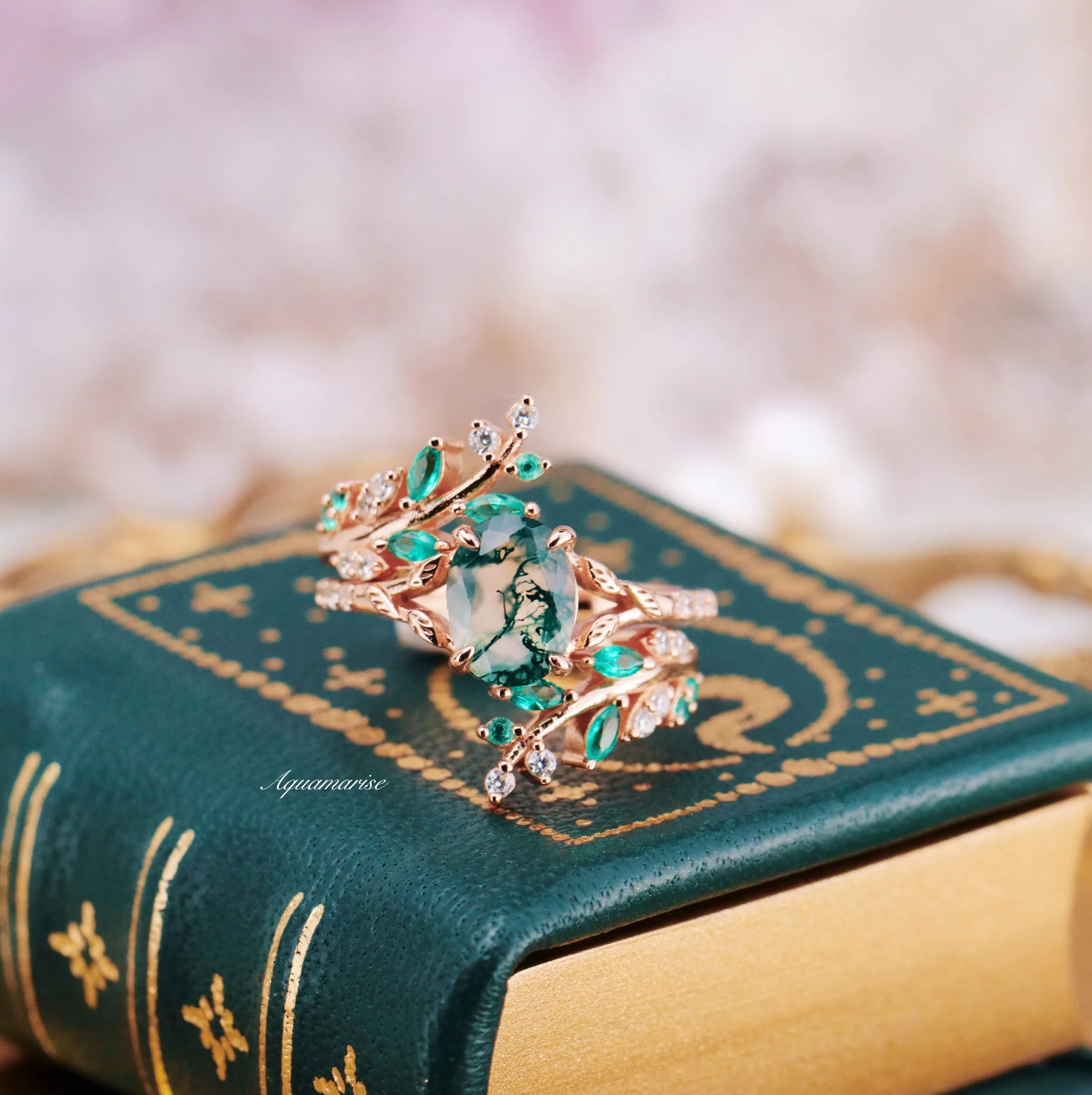 Green Fire Opal & Moss Agate Leaf Couples Ring