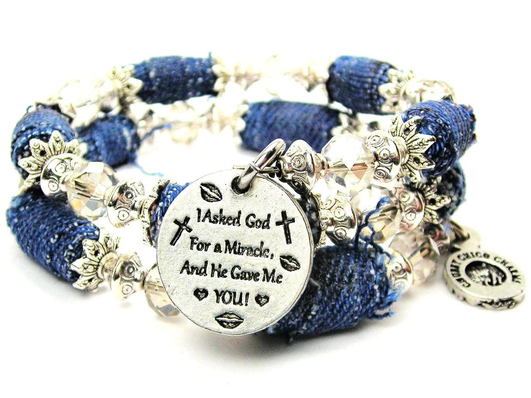 I Asked God For A Miracle And He Gave Me You Blue Jean Beaded Wrap Bracelet