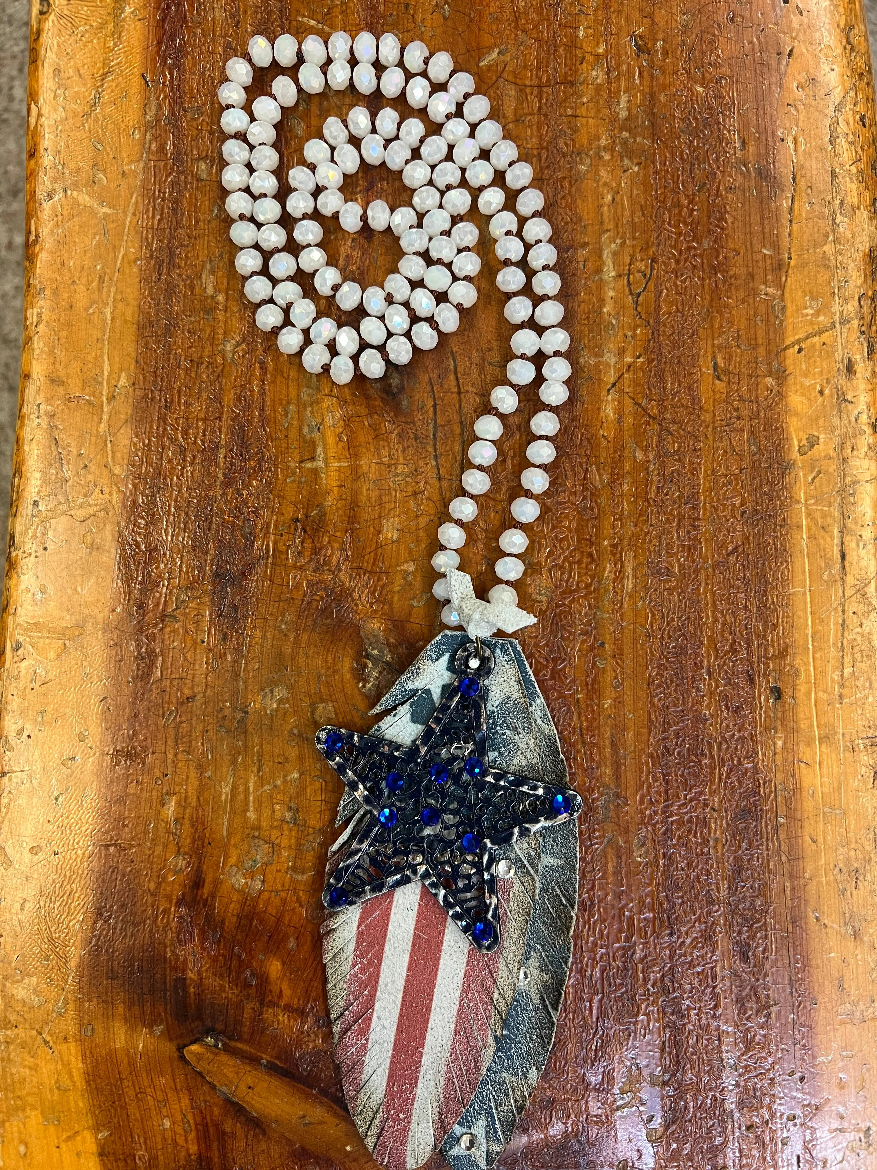 Iridescent White Knotted Beaded Necklace w/ Americana Leather & Star Accent