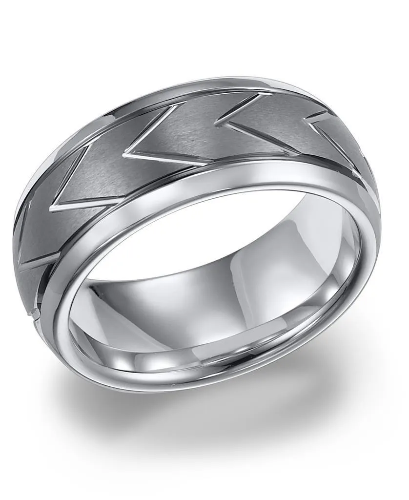 JED Domed White Tungsten Carbide Comfort Fit Band with Brush Finished Center and Chevron Pattern Cuts by Triton Rings - 8mm