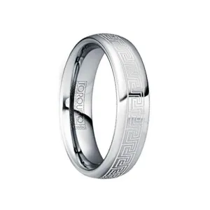 LAURENTINUS Polished Tungsten Ring with White Engraved Greek Key Motif - 6mm