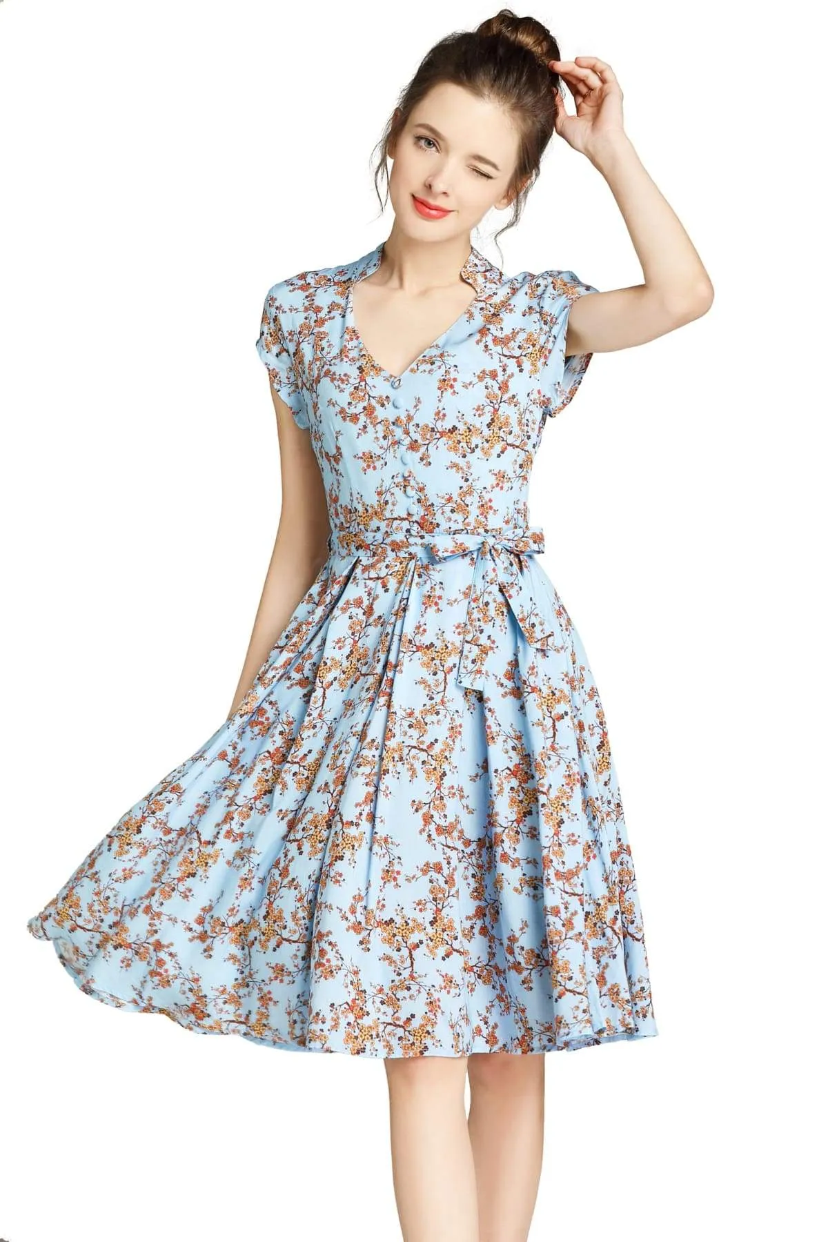 Light Blue Standing Collar V Neck with Orange Blossom Box Pleated Dress with Pockets