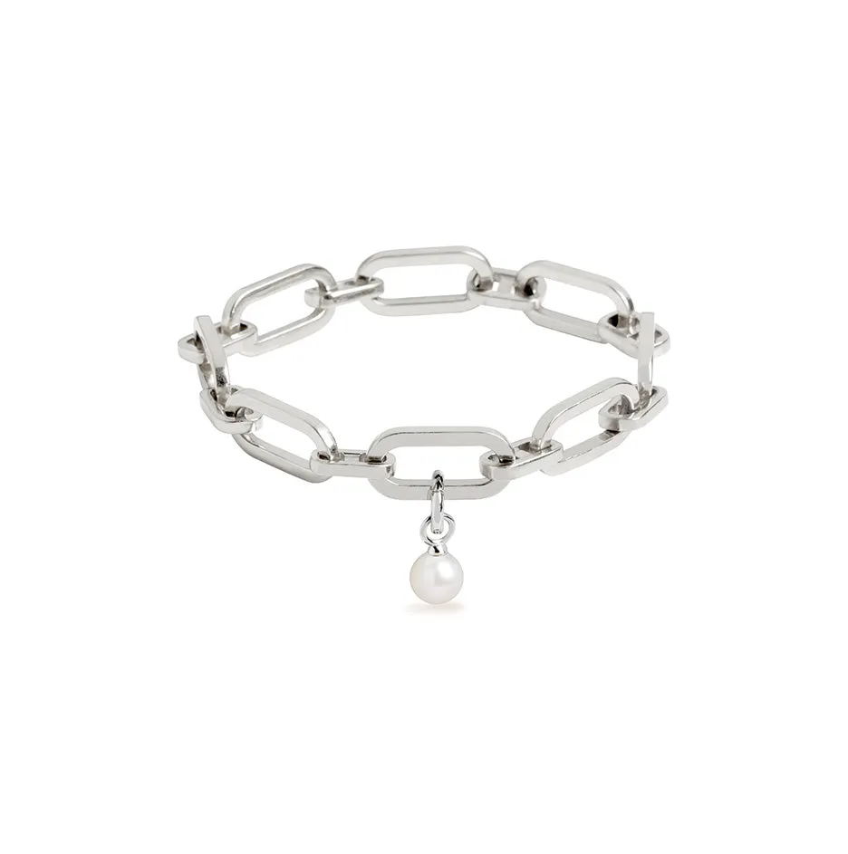 Link Chain Bracelet and Round Cultured Pearl Charm Silver Set