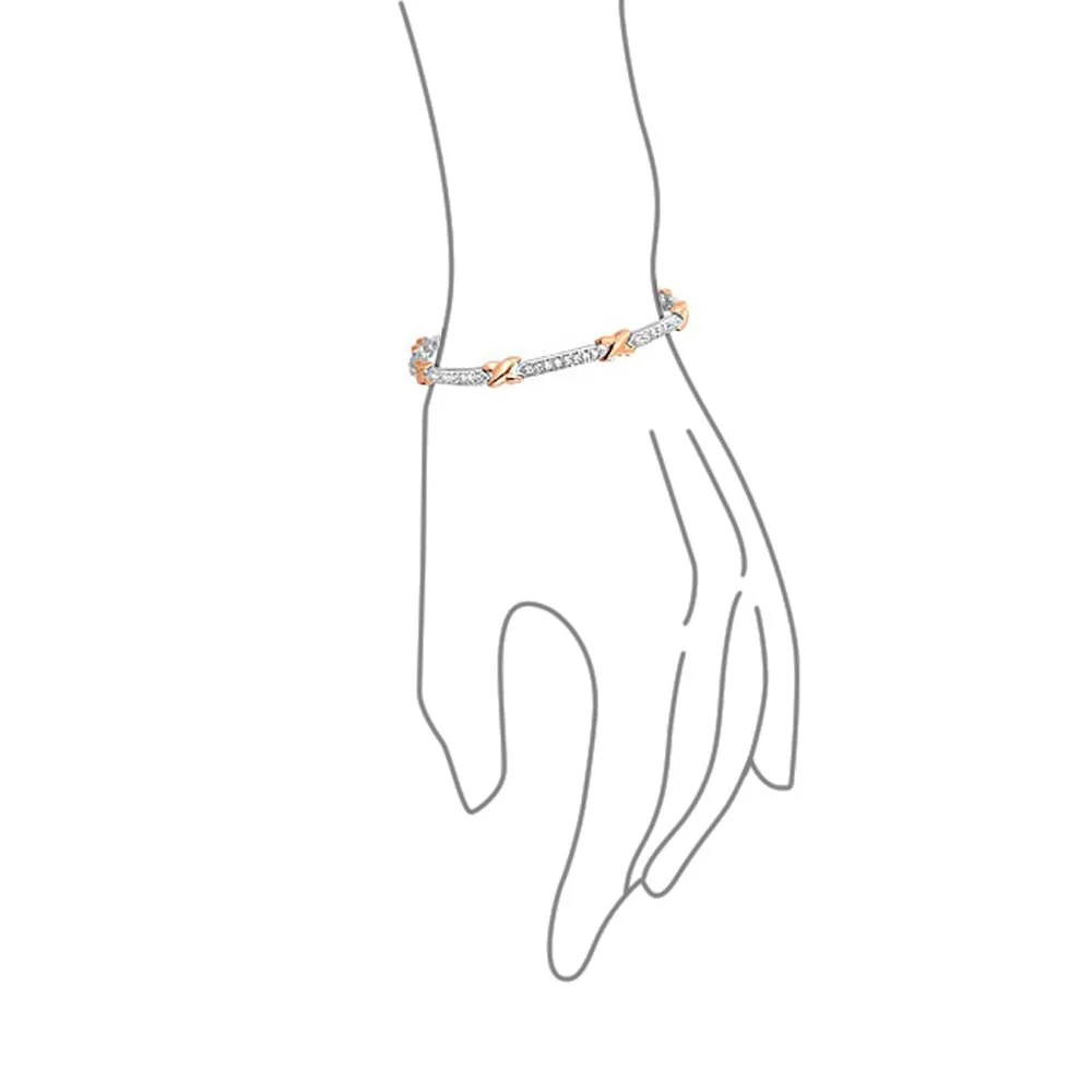 Love X Kisses CZ Bar Link Tennis Bracelet Two Tone Rose Gold Plated Brass