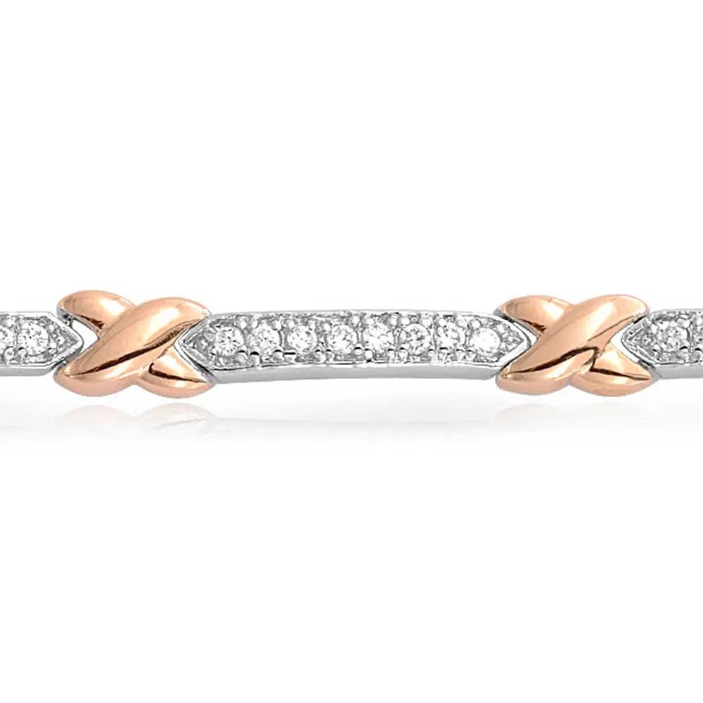 Love X Kisses CZ Bar Link Tennis Bracelet Two Tone Rose Gold Plated Brass