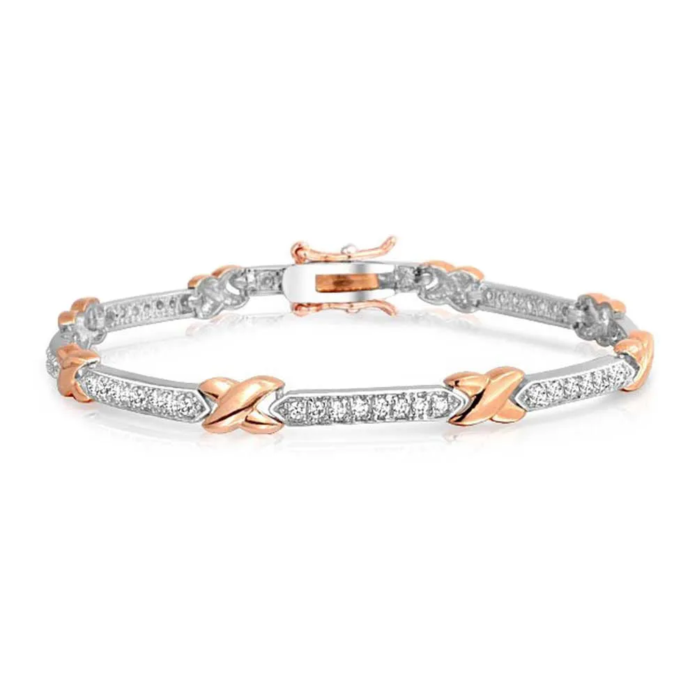 Love X Kisses CZ Bar Link Tennis Bracelet Two Tone Rose Gold Plated Brass