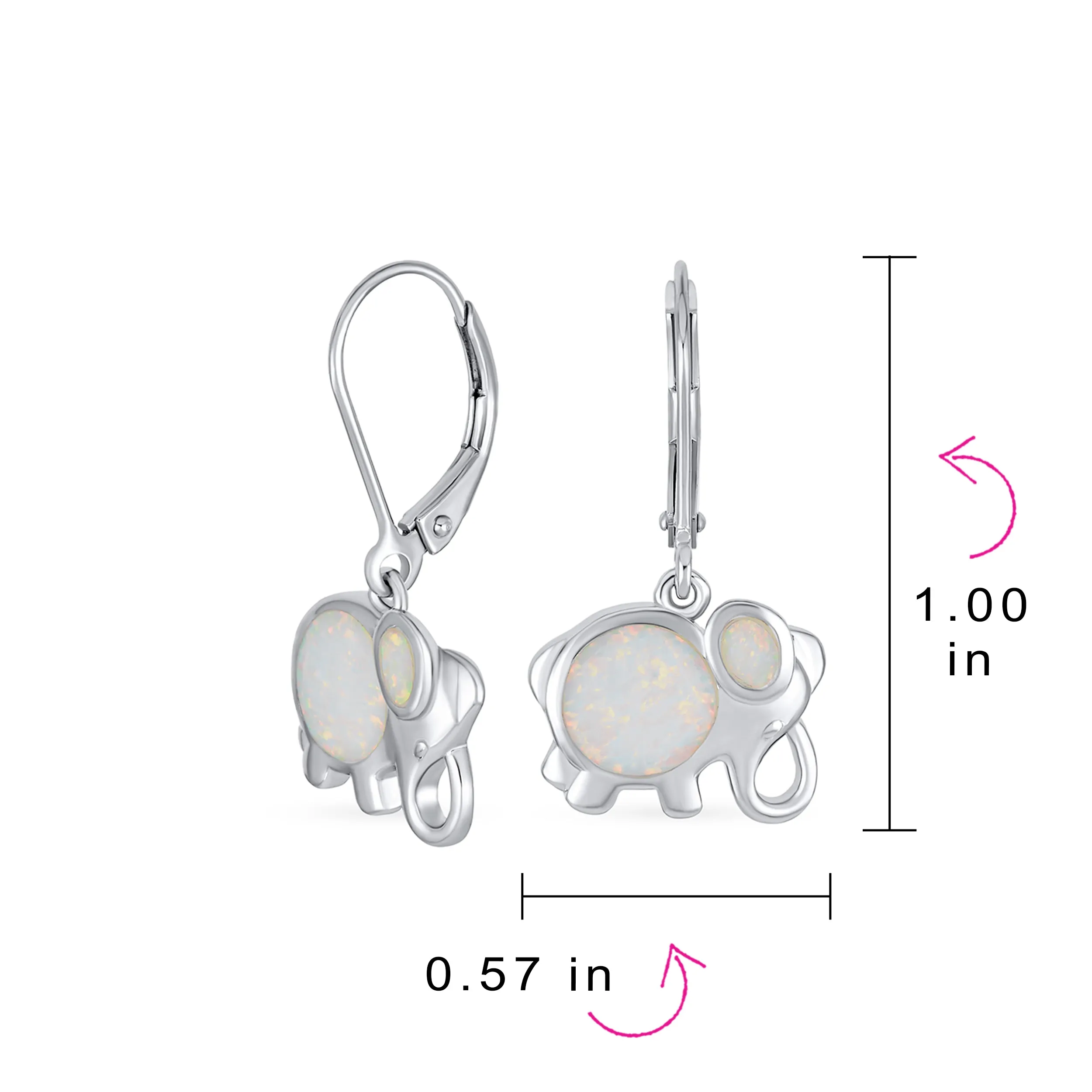 Lucky Elephant Dangle Gemstone Earrings with White Opal Sterling Silver October Birthstone