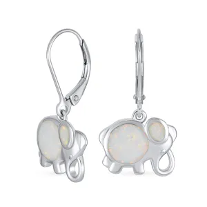 Lucky Elephant Dangle Gemstone Earrings with White Opal Sterling Silver October Birthstone