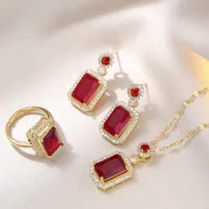 Luxurious Square Titanium Steel Inlay Zircon Women's Rings Earrings Necklace