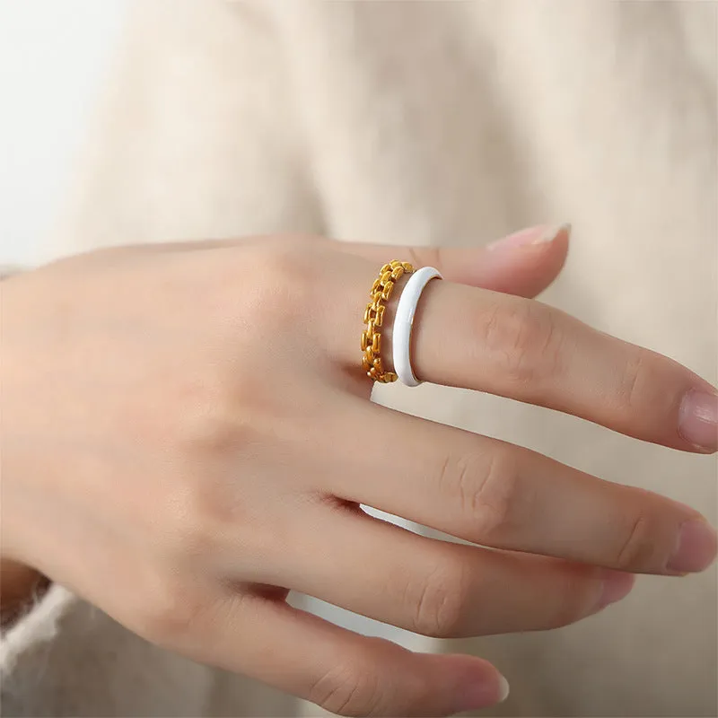 Luxurious Titanium Steel Gold-Plated Enamel Double-Layer Open Ring - Elegant Women's Jewelry