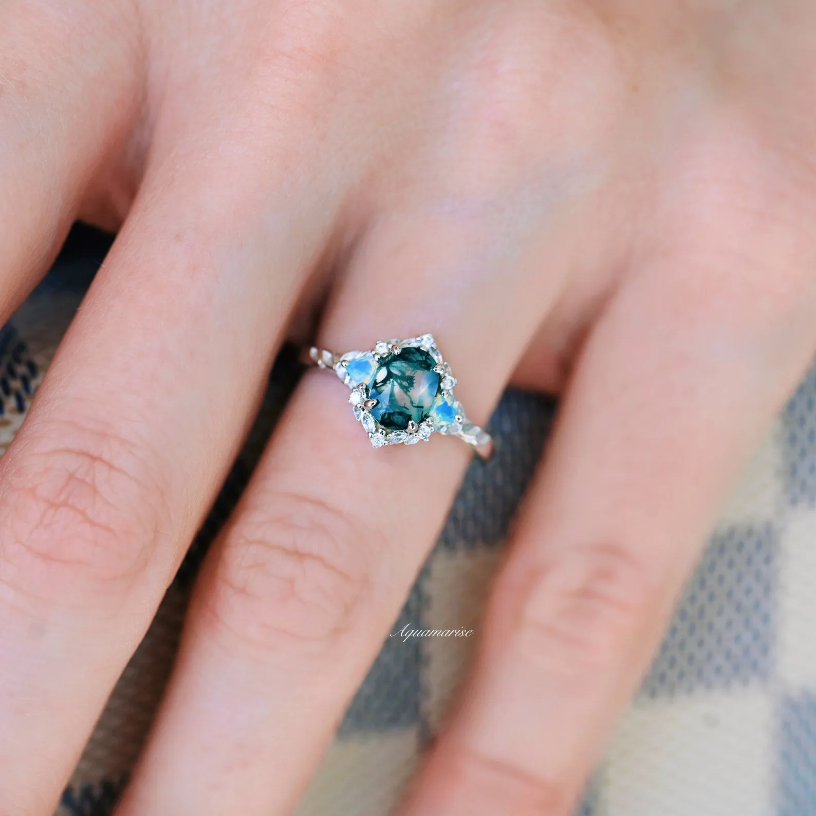 Moss Agate & Opalescent Sapphire Leaf Ring- Sterling Silver