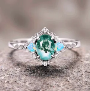 Moss Agate & Opalescent Sapphire Leaf Ring- Sterling Silver