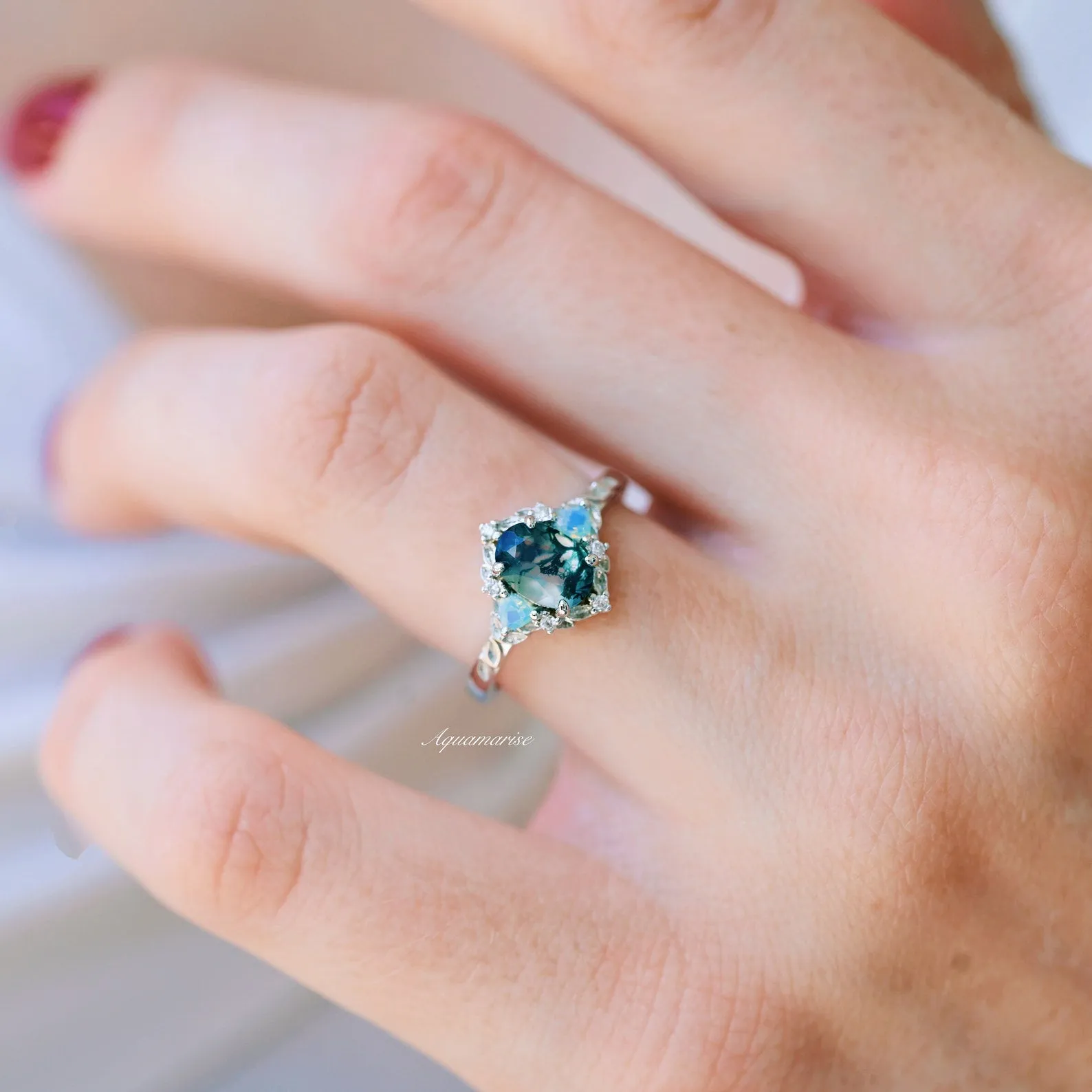 Moss Agate & Opalescent Sapphire Leaf Ring- Sterling Silver