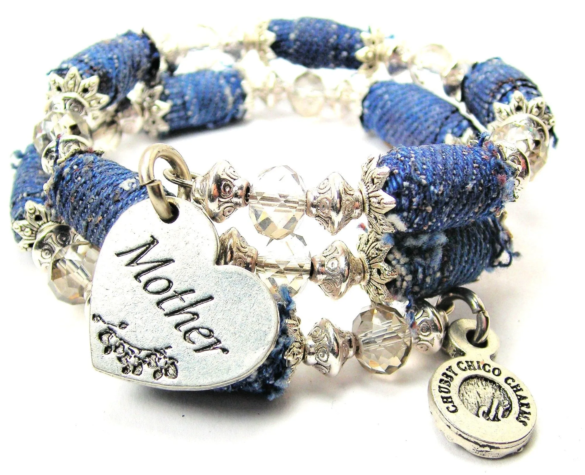 Mother Heart Blue Jean Beaded Wrap Bracelet