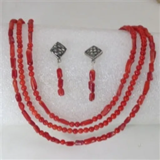 Multi-strand  Bright Red Bead Necklace and Earrings