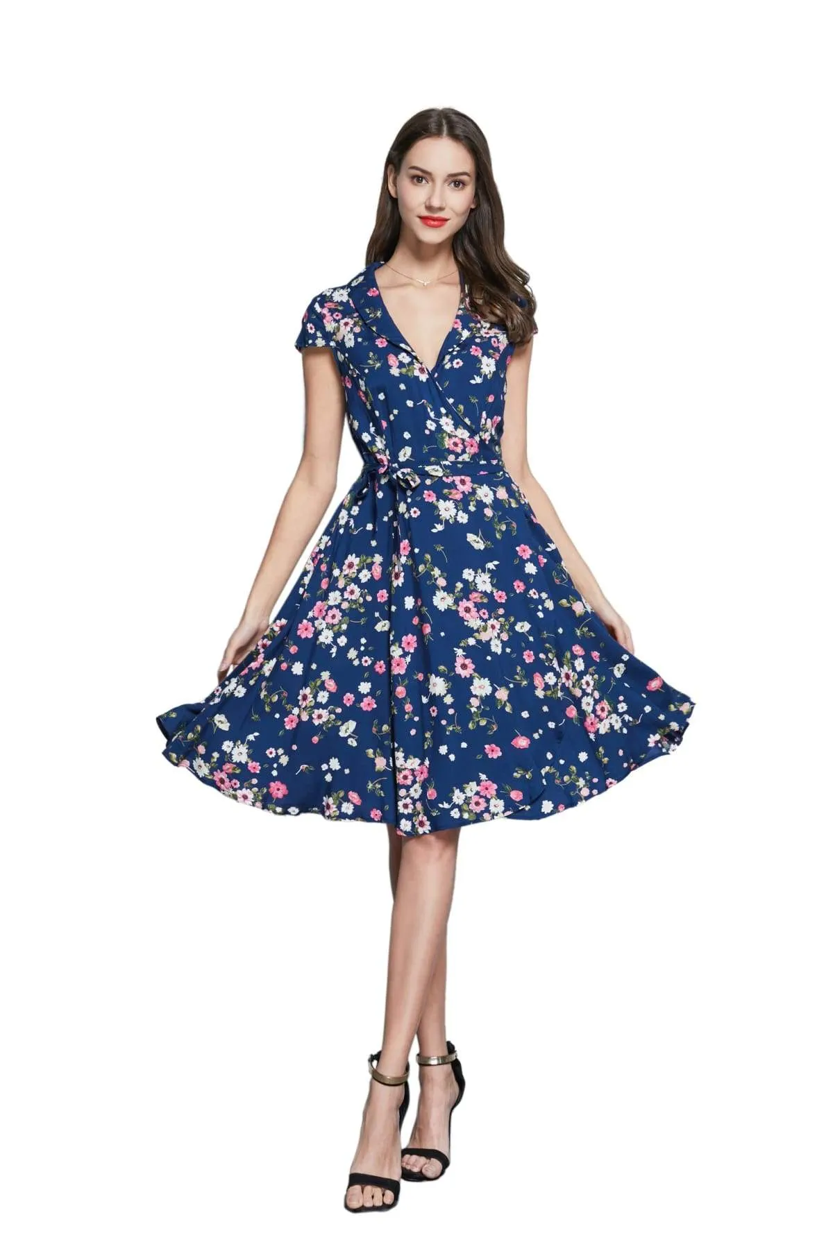 Navy Shawl Collared Wrap Dress with Pink Anemone and White Daisy Flowers and Pockets